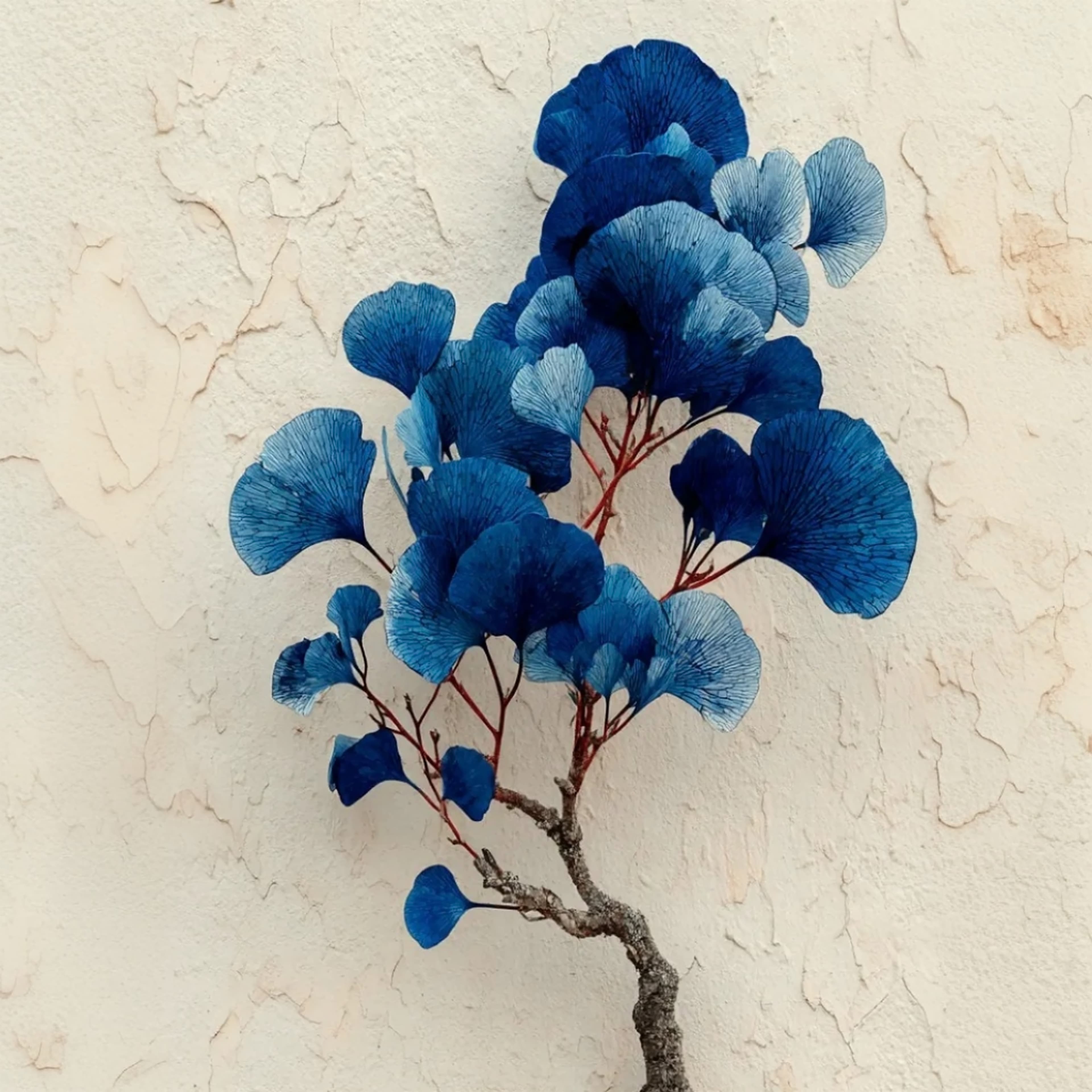 Sculpture d’arbre lumineux avec fleurs en papier blanc, posée sur un sol plissé dans un décor onirique
